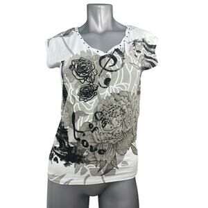 T-shirt Women’s Black White Rose Studded Small Graphic Y2K V-neck Leo Guy 90s